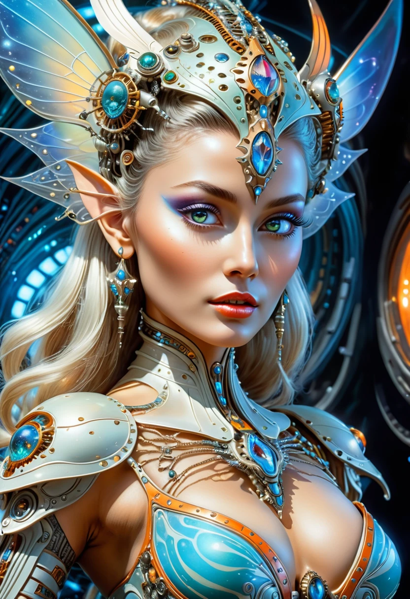 A beautiful fairy goddess, fairy queen in a biomechanical spaceship, outer space, retro futuristic, sci-fi, fantasy art, 80s fantasy movie style, frank frazetta style, detailed face,beautiful detailed eyes, beautiful detailed lips, extremely detailed face and eyes, intricate mechanical details, glowing cybernetic enhancements, ethereal flowing dress, dramatic lighting, vibrant colors, cinematic composition, masterpiece, 8k, photorealistic