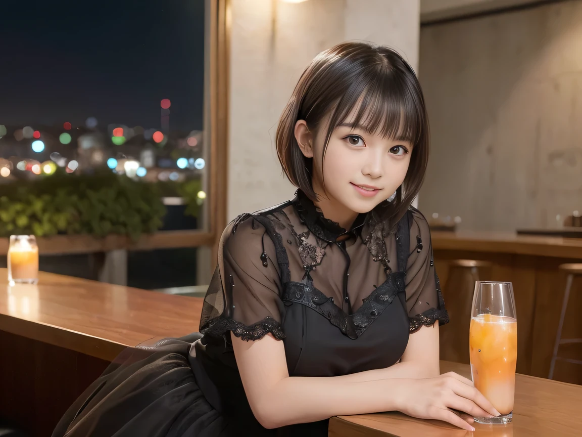 (Highest quality, masterpiece, Ultra-high resolution, 8K, RAW Photos, Realistic, Anatomically correct:1.5), 20-year-old girl:1.2, Embarrassing, avert your eyes, blush:1.0, View Viewer, ((Bar Lounge)) 、Large windows、Night view、 Light:1.2, Bokeh, Cinema Lighting:1.0, Depth of written boundary, sharp、 Cute face、Idol、Black short sleeve tulle top、Black tulle skirt、Black clothing、”(dwarf)”、(Floral clothes)、(Full Body Shot)、Side angle、Cowboy Shot、 smile、(Ultra short hair)、(Short bob cut)、(Straight bangs)、(( One Girl))、Large Breasts、