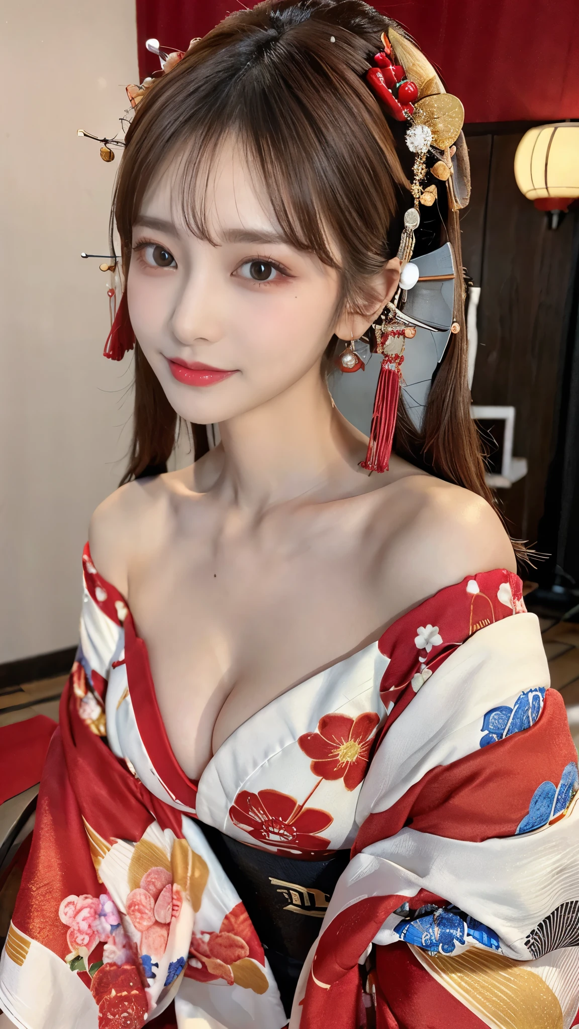 (Detailed skin:1.2),(Shiny skin:1.1),8K,Highest quality, masterpiece, Ultra-high resolution,(Realistic:1.4), RAW Photos,(Soft saturation:1.3),(Fair skin:1.2),Half-Japanese beauty,repair,20 years, Light brown hair, （Up-Hairstyles:1.2), Asymmetrical Hair, (Pretty face:1.4), (Large Breasts, Tight waist), Beautiful lighting, (Sexy Oiran:1.2,),Highly detailed face, Highly detailed lips, fine grain, double eyelid, （Sharp focus: 1.2）, （Perfect Anatomy),(Beautiful woman with perfect figure: 1.2）、Exposing cleavage、Random sexy poses，(Accentuate your leg lines)、kimono、Sharp Eyes,smile、Gorgeous hair ornament