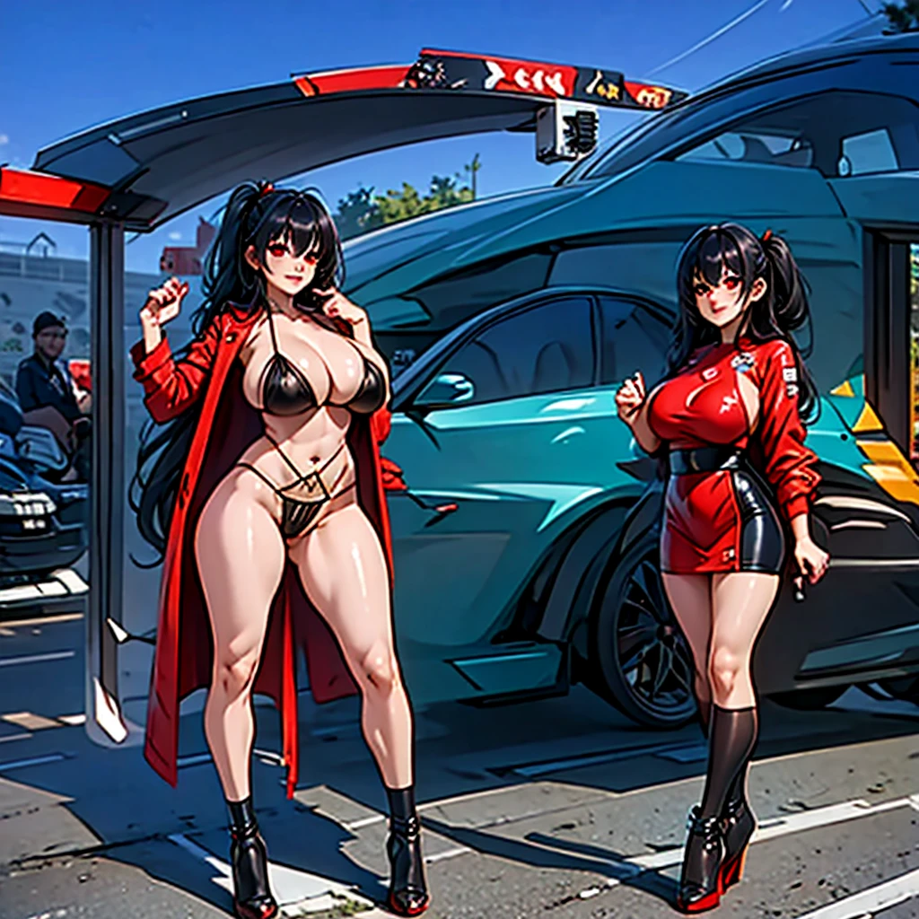 junkotvv a woman wearing a long open red coat, wearing a black bikini, big breast, sunglasses on her head, smiling, long black stockings, long black hair, red eyes, full body, in a traditional racetrack next to a red racing car, holding a racing flag, perfect racing car with no bad detail, car next to the woman, night location, with lighting in place,(woman solo), HDR, ultra resolution, sharp, masterpiece, 8K HD
