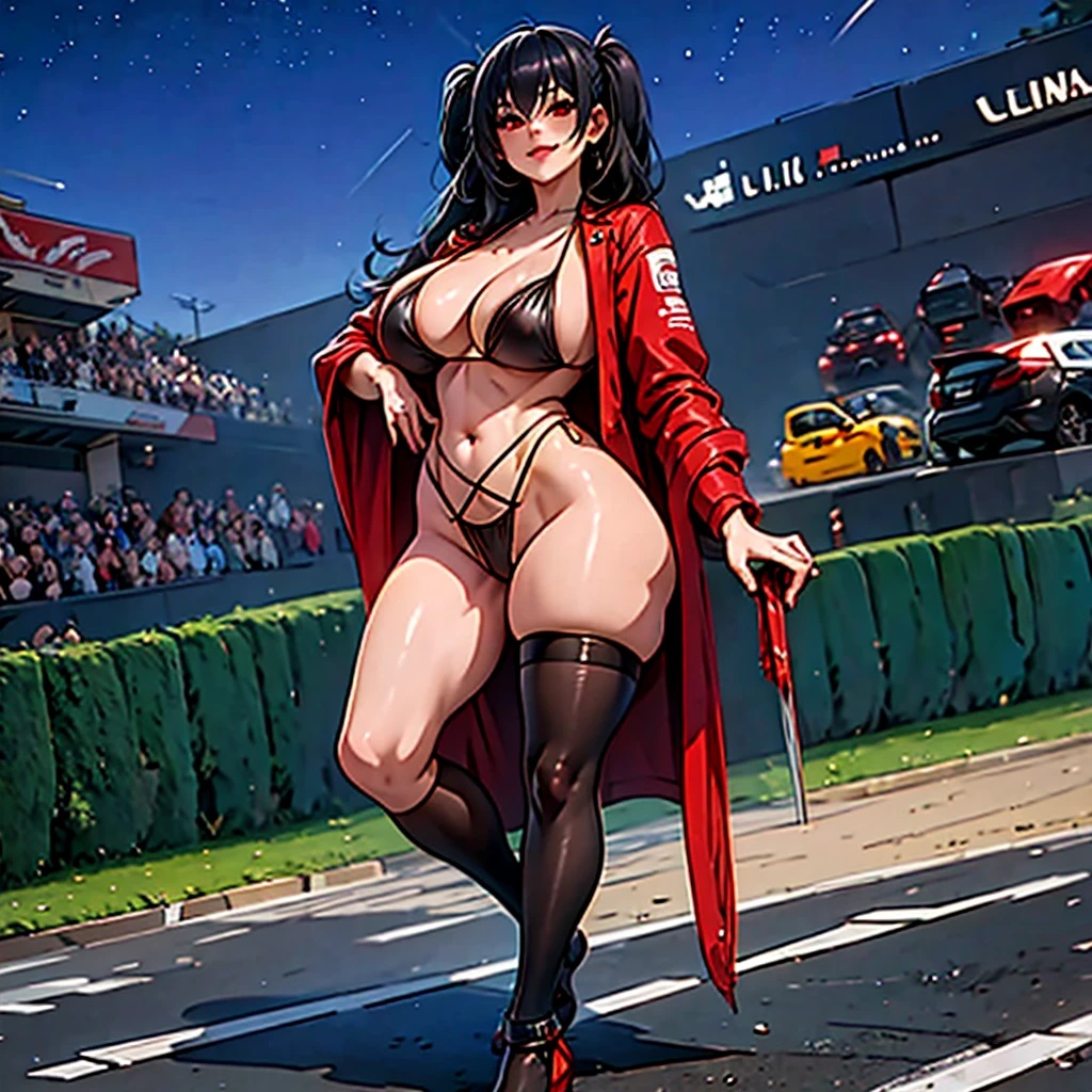 junkotvv a woman wearing a long open red coat, wearing a black bikini, big breast, sunglasses on her head, smiling, long black stockings, long black hair, red eyes, full body, in a traditional racetrack next to a red racing car, holding a racing flag, perfect racing car with no bad detail, car next to the woman, night location, with lighting in place,(woman solo), HDR, ultra resolution, sharp, masterpiece, 8K HD
