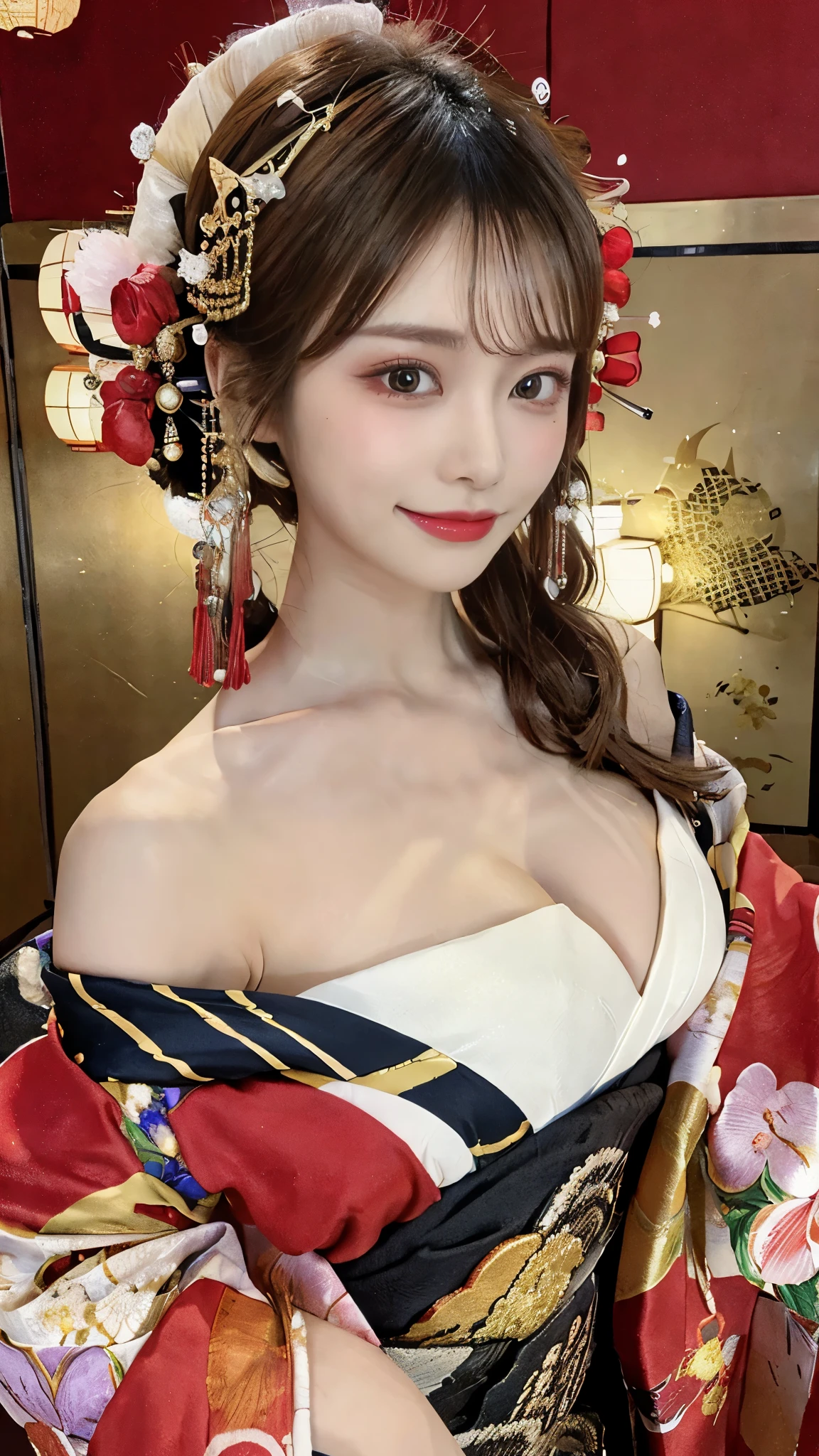 (Detailed skin:1.2),(Shiny skin:1.1),8K,Highest quality, masterpiece, Ultra-high resolution,(Realistic:1.4), RAW Photos,(Soft saturation:1.3),(Fair skin:1.2),Half-Japanese beauty,repair,20 years, Light brown hair, （Up-Hairstyles:1.2), Asymmetrical Hair, (Pretty face:1.4), (Large Breasts, Tight waist), Beautiful lighting, (Sexy Oiran:1.2,),Highly detailed face, Highly detailed lips, fine grain, double eyelid, （Sharp focus: 1.2）, （Perfect Anatomy),(Beautiful woman with perfect figure: 1.2）、Exposing cleavage、Random sexy poses，(Accentuate your leg lines)、kimono、Sharp Eyes,smile、Gorgeous hair ornament、Japanese style background