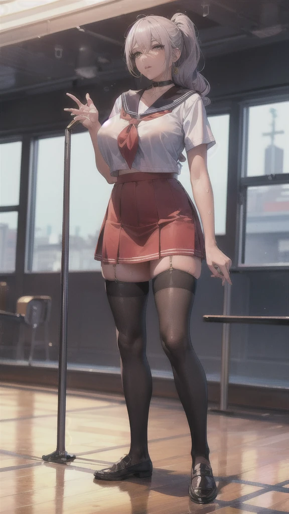 ((Correct Anatomy)),(on stage),(Female student)、((school uniform))、((Sailor suit))、(Mini Pleated Skirt),(((Black Stockings))),((School Uniform)),((standing)),Ultra-high resolution,Mature Woman, Mature Woman, Very detailed,Sunburned skin,Brown Skin,((Sweat all over the body)), (Big Breasts),((Beautiful feet)),Perfect hands, Detailed fingers, Beautiful details, ((Long Hair)),((ponytail)),Black Choker, Earrings,loafers,Perfect Eyes, Captivating eyes,(School stairs)