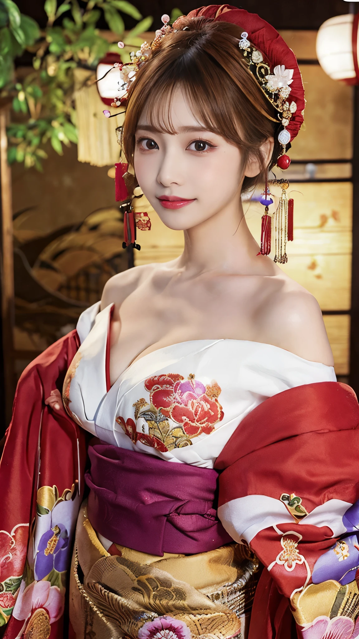 (Detailed skin:1.2),(Shiny skin:1.1),8K,Highest quality, masterpiece, Ultra-high resolution,(Realistic:1.4), RAW Photos,(Soft saturation:1.3),(Fair skin:1.2),Half-Japanese beauty,repair,20 years, Light brown hair, （Up-Hairstyles:1.2), Asymmetrical Hair, (Pretty face:1.4), (Large Breasts, Tight waist), Beautiful lighting, (Sexy Oiran:1.2,),Highly detailed face, Highly detailed lips, fine grain, double eyelid, （Sharp focus: 1.2）, （Perfect Anatomy),(Beautiful woman with perfect figure: 1.2）、Exposing cleavage、Random sexy poses，(Accentuate your leg lines)、kimono、Sharp Eyes,smile、Gorgeous hair ornament、Japanese style background