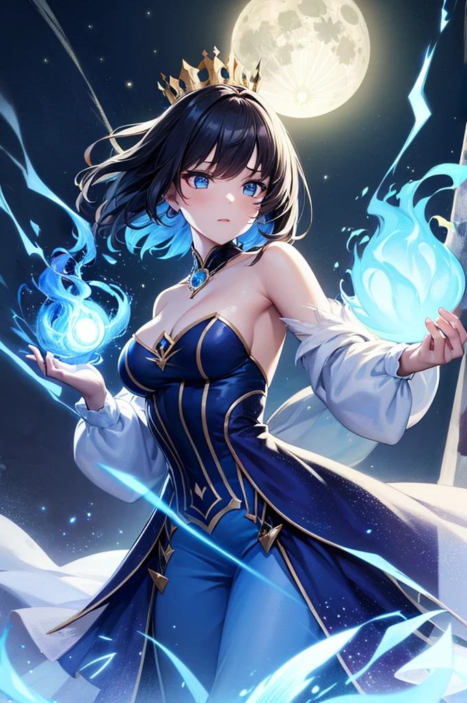 night, ((1 Girl)), alone, masterpiece, 8k wallpaper, High resolution, Absurd, High Quality Backgrounds, short hair, Black Hair, Multicolored Hair, Beautiful frozen village, (Bright full moon), Blue clothes, Detailed dress, Jewelry Dress, (magic:1.2), blue fire, blue eyes, Glowing Eyes, fire, Ice Goddess, (Beautiful crown with blue details), electricity, blue electricity, Blue light particles