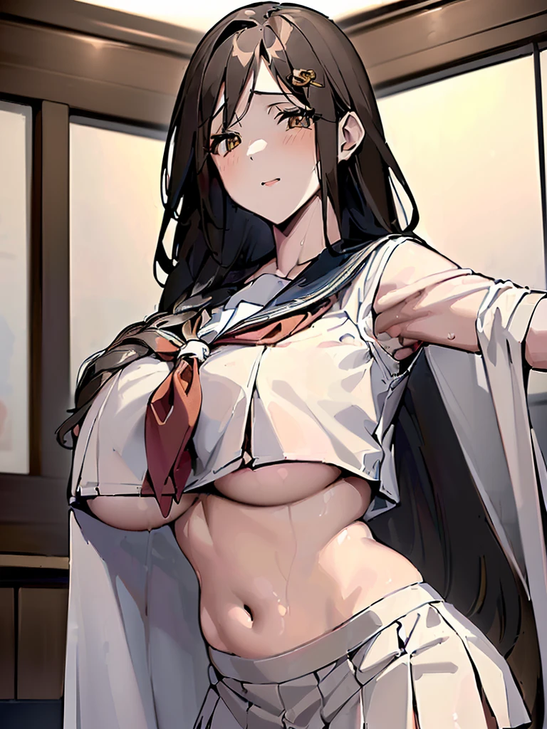 ((((Masterpiece,detailed, super high quality,In 4K,Highest qualityの高品質,extremely detailed, Finely detaileded, Attractive illustrations,Highest quality, In 4K, 8K, High resolution,Precise human body:1.5)))),(Upper Body,From below)(Beautiful woman,Beautiful face line,Feminine body lines,Beautiful black hair,Long Wavy Hair,Beautiful brown eyes)(Huge boobs,valley,Underboob:1.4)(Sweat,Steamed,blush,looking at the camera:1.1)(Perfect garment,Sailor suit,Micro Mini Skirt,Cropped shirt,undersized,taut cloths,skindentation:1.2),Hotel