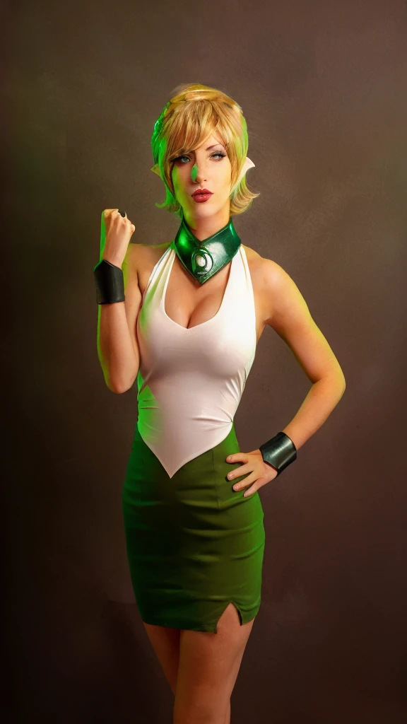 blond woman in green and white outfit posing for a picture, tatsumaki from GREEN LANTERN , Arisia Rrab, ((pointed ears))
 cosplay
