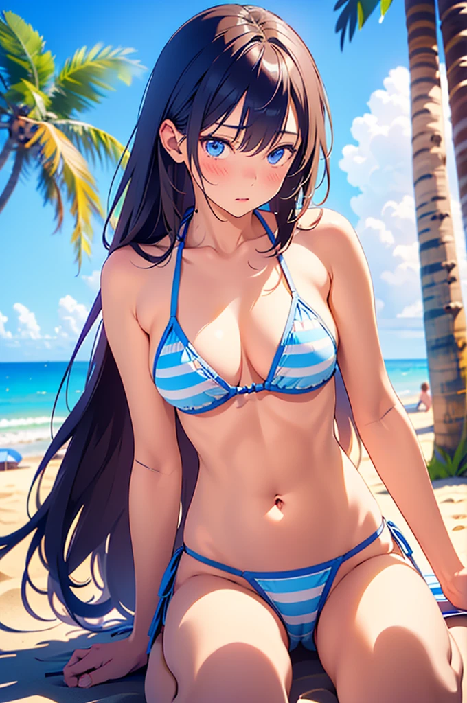 NSFW、(I"s、Ashizuki Iori、Yoshizuki Iori、Yoshizuki Iori、Yoshizuki Iori)、Big Breasts、(This is a close-up shot of a young anime girl in a bikini on the beach:1.4)、(solo:1.4)、(One girl:1.4)、(I"s、Ashizuki Iori、Yoshizuki Iori、Yoshizuki Iori、Yoshizuki Iori)、(blue eyes:1.2)、(Blue and white striped bikini top:1.3)、(Blue and white striped bikini bottoms:1.2)、(belly button:1.1)、(Sitting on the beach:1.3)、(Palm trees in the background:1.2)、(Background sea:1.2)、(blue sky:1.1)、(Detailed face:1.3)、(Beautiful detailed eyes:1.3)、(Slightly parted lips:1.2)、(Shy, embarrassed expression:1.3)、(Blushed cheeks:1.2)、(Slender body:1.2)、(Large Breasts:1.3)、(masterpiece:1.2)、(Highest quality:1.3)、(Ultra-high resolution:1.2)、(Photorealistic:1.1)