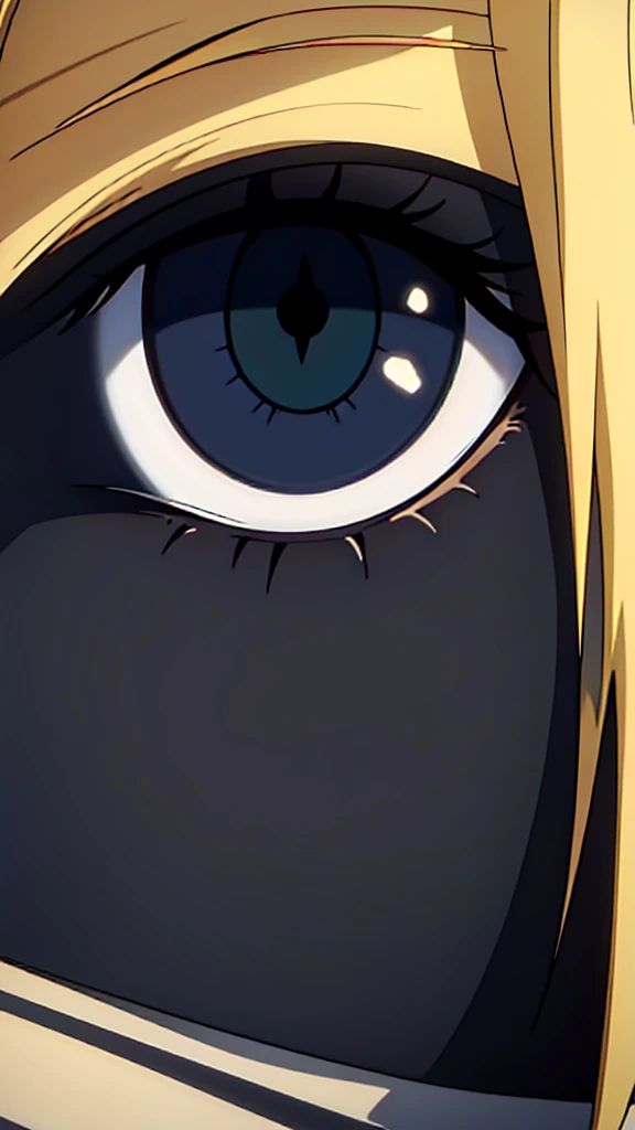 one eye close up,blonde,black sclera.black eye