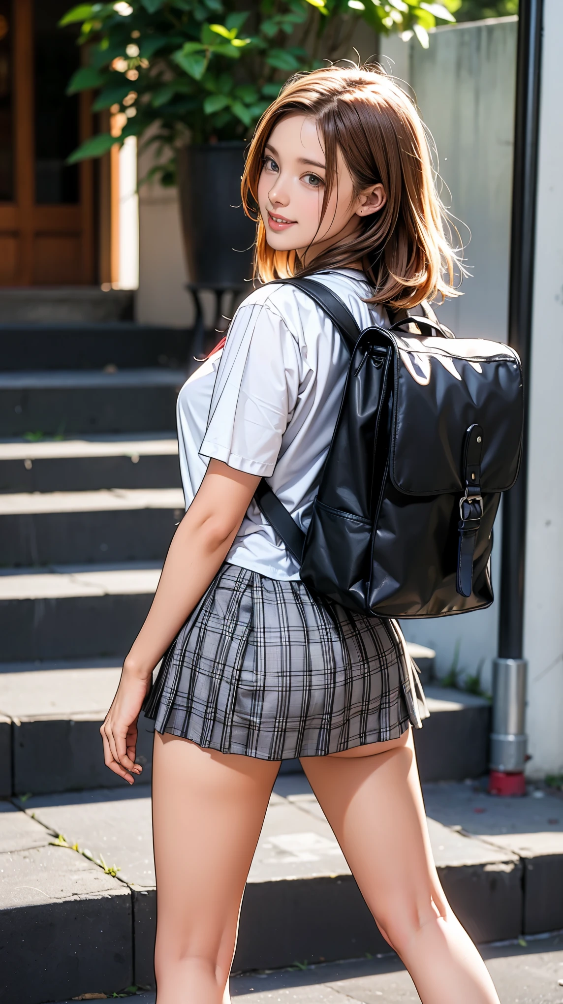 ((masterpiece)),(((Highest quality))),Thin thighs,Long legs,An 18-year-old high school girl standing on the school steps,White shirt,Blue and red plaid mini skirt:1.5,The best smile,White panties:1.5,Short-cut blonde:1.5,short side waves,Carrying a black backpack,Butt Exposure,wear black loafers,Lower body zoom up:1.5,Butt sticking out pose:1.5,
