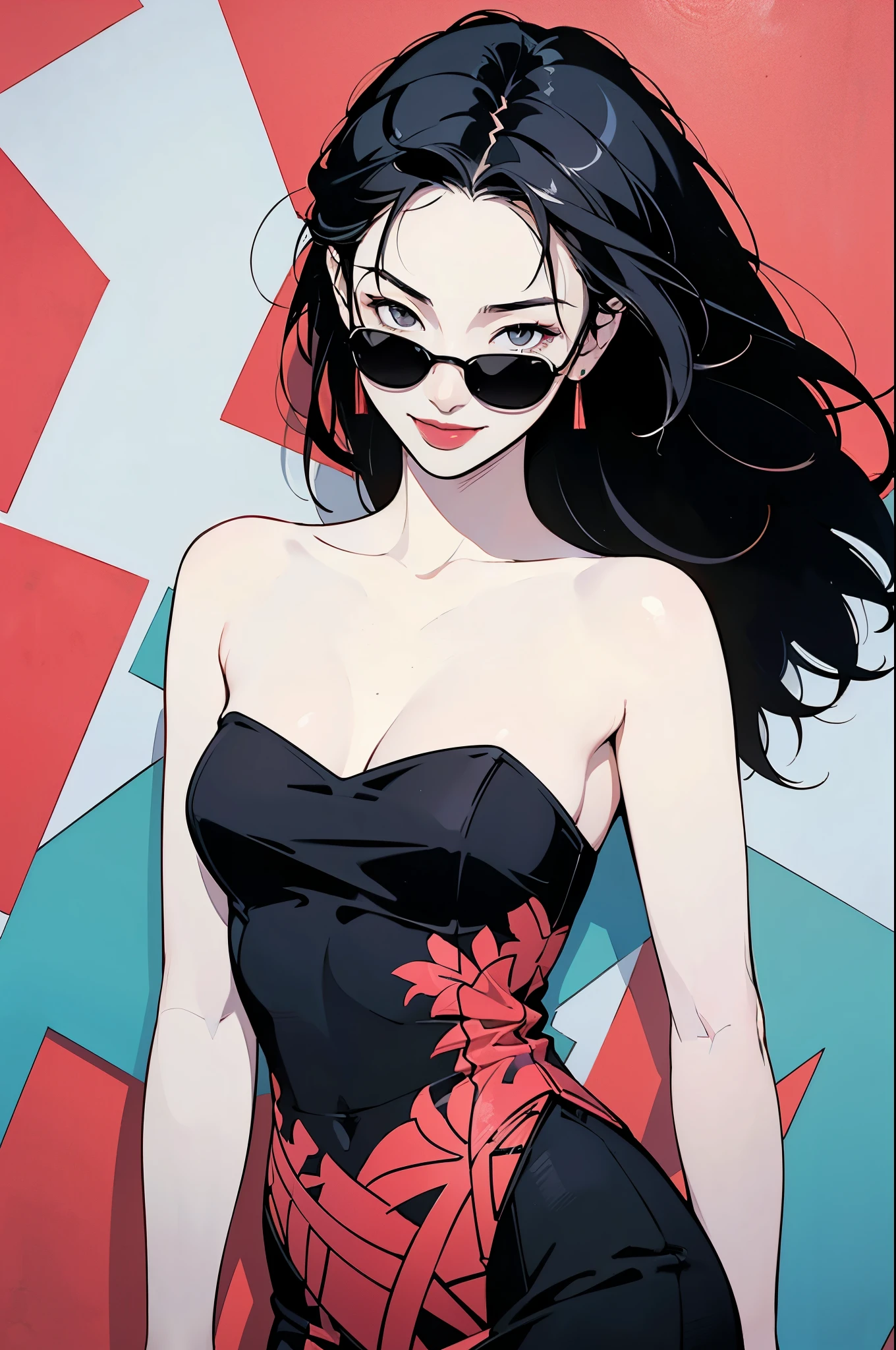 Flat Illustration artwork, ((Maggie cheung)) in a strapless dress standing in front of simple background, up close, wear dark sunglasses, korean pop-star, big smile, black hair, pretty hands, fringe, simple red background, palm trees, (graffiti wall:1.2), ((Art style by Patrick Nagel)), ((8k, wallpaper, detailed)), strong, courageous, art by Patrick Nagel, music album art cover