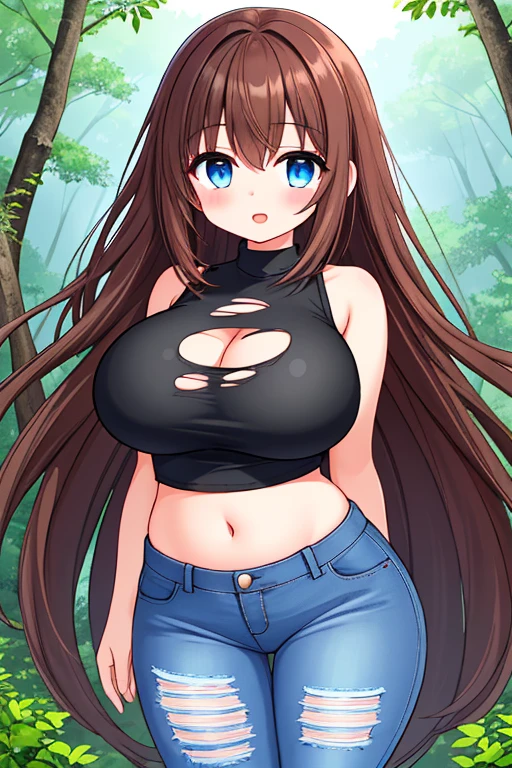 A Cute Girl, Lush Long Brown Hair, Beautiful Blue Eyes, Broad Hips, (Extremely Huge Breasts), (has a slim, but still very curvy figure), (Black Crop-Top), (Torn Jeans), in the forest,