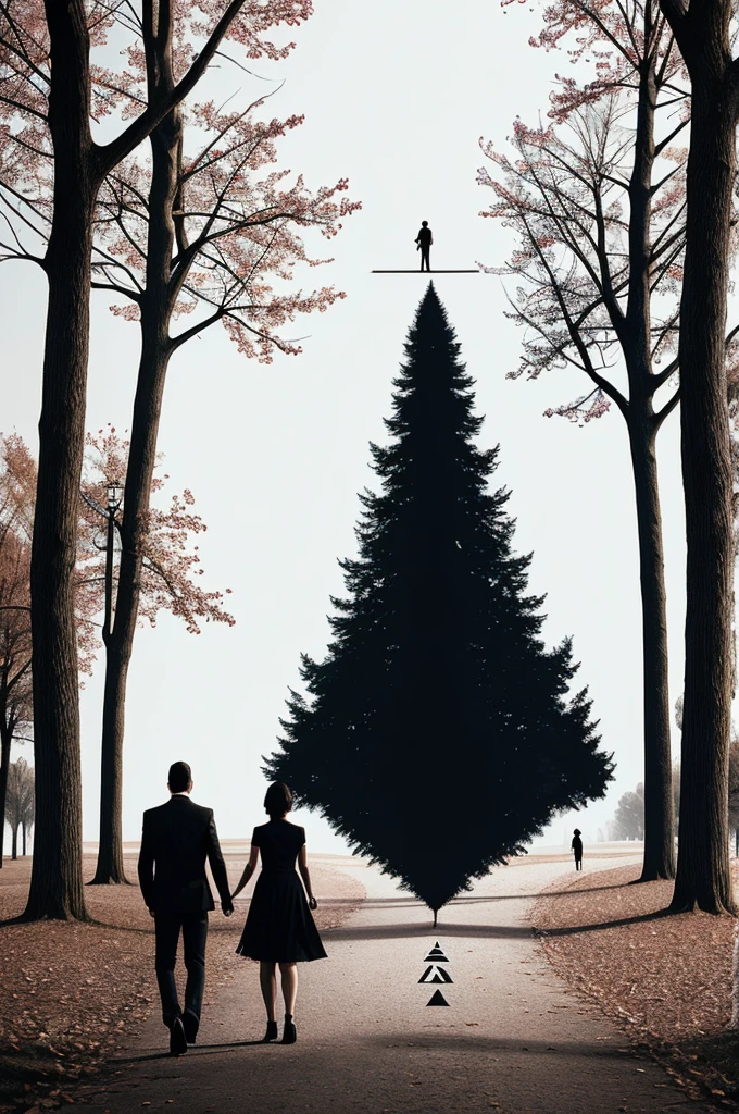 A couple walking in the park right to left, in diagonal upside to down, with took hands. The draw is on the style of album art "life is but a dream" by avenged sevenfold