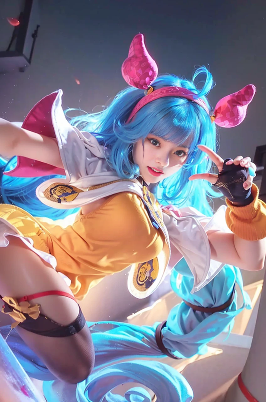 randome pose、top-quality、超A high resolution、(Photorealsitic:1.5)、1人、yellow sweater、(Blue hair:1.2)、(huge-breasted:1.2)、Classroom、looking at viewert、a closeup、full body Esbian、Nasty eyes