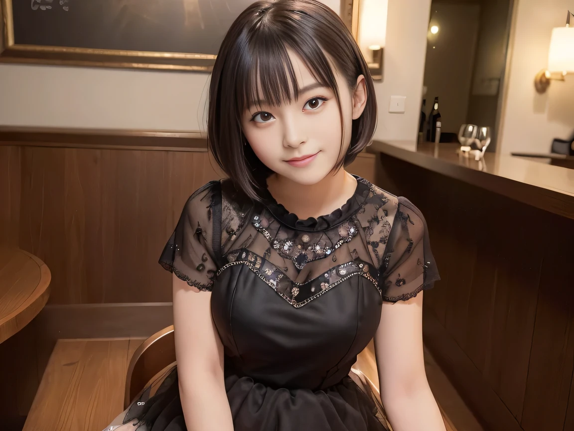 (Highest quality, masterpiece, Ultra-high resolution, 8K, RAW Photos, Realistic, Anatomically correct:1.5), 20-year-old girl:1.2, Embarrassing, avert your eyes, blush:1.0, View Viewer, ((Bar Lounge)) 、Large windows、Night view、 Light:1.2, Bokeh, Cinema Lighting:1.0, Depth of written boundary, sharp、 Cute face、Idol、Black short sleeve tulle top、Black tulle skirt、Black clothing、”(dwarf)”、(Floral clothes)、(Full Body Shot)、Side angle、Cowboy Shot、 smile、(Ultra short hair)、(Short bob cut)、(Straight bangs)、(( One Girl))、Large Breasts、