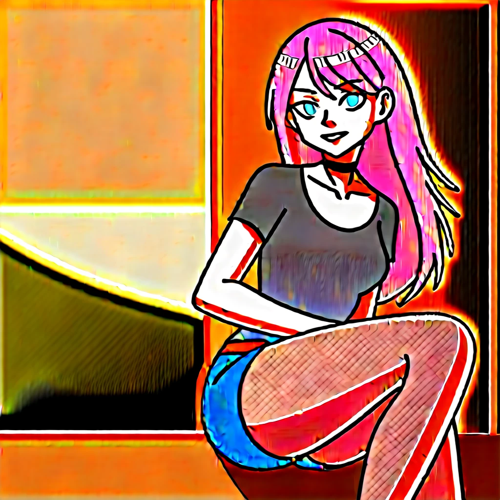 (((highest quallity))), 1 girl, alone, sitting on a log, at a forest, nblurry background, choker, bracelete, aretes, perfect hands, shorts jeans, black t-shirt tucked into shorts, waist belt, no censure, looking at the spectator,(((medium breasts: 1.2))), long pink hair