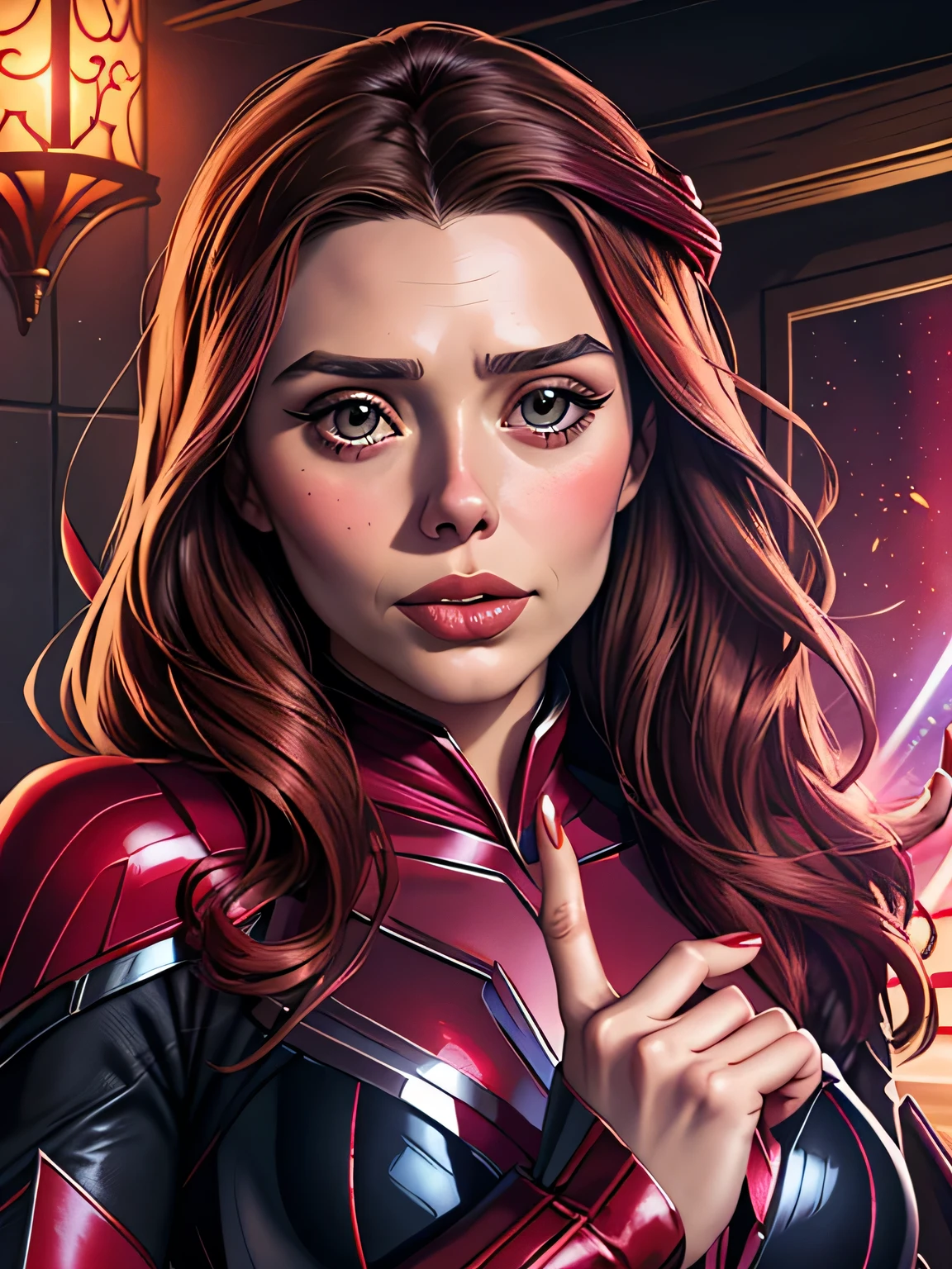 ((Highest quality)), ((masterpiece)), (Familiar), ((Elizabeth Olsen)), ((Scarlet Witch)), Perfect Face、detailed、(Accurate hand and finger depiction)、(Accurate lip drawing)、(Accurate tongue depiction)、 Scarlet witch woman、Beautiful nails、Black nail polish、 (I'm crawling on my stomach:1.5)、Browsing Caution, Vaginal intercourse, Dorsal position, Real Vagina, Anal Sex, Real Anal, (Crying face:1.4)、Half an eye、blush、Open your mouth、(sweating:1.1)、Voluptuous body、Large Breasts、Tight waist、Big Ass、Fascinating、glamorous、Cinematic, (Complex:1.4), Low contrast、Side lighting, Best Shadow, (View from the front)、(In the deep dark forest)、(Autumn leaves on tree々Surrounded by)、(The ground is covered with leaves and tree roots..)、(vapor:1.3)、Browsing Caution, penis、(With projectile:1.4), (Excessive ejaculation:1.5)、((2penis:1.2)), (2. The penis grows out of the ground.1.3)