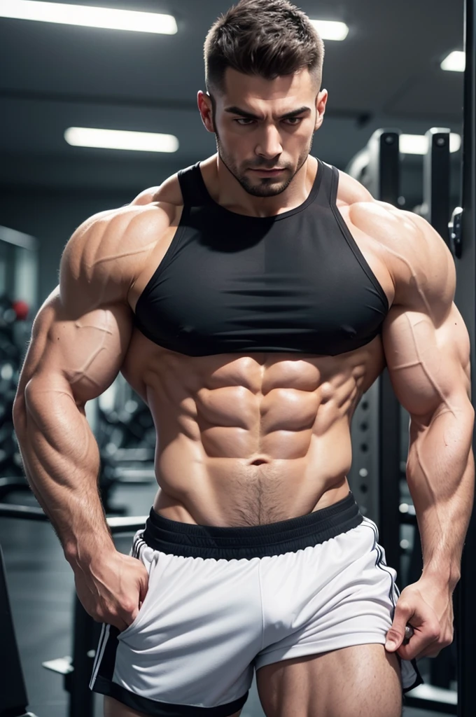 Create an image of a muscular man at the gym that attracts attention 