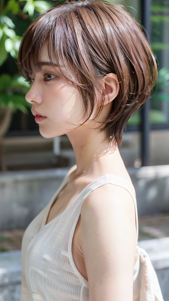 Photo seen from the side,(8k, RAW photo, best quality, masterpiece:1.2),natural lighting,small breast,(real human skin,finely detailed skin:1,4),upper body photo,((straight short hair,natural hair,transparent bangs,light brown hair:1,6)),white shirt,
