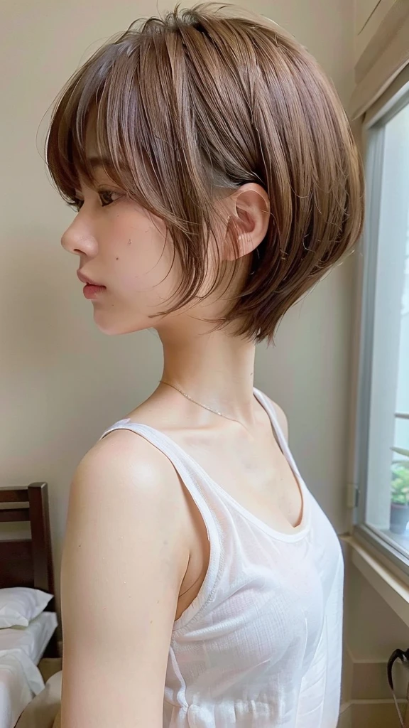 Photo seen from the side,(8k, RAW photo, best quality, masterpiece:1.2),natural lighting,small breast,(real human skin,finely detailed skin:1,4),upper body photo,((straight short hair,natural hair,transparent bangs,light brown hair:1,6)),white shirt,