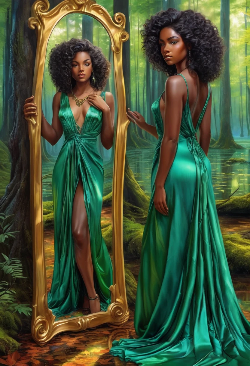 2 images, the main image is a character, a black woman with curly long hair and bright green eyes, she is wearing a long vibrant silk dress, she is staring at her reflection in a mirror, the background is a forest, the atmosphere is opposite to the main character, the reflection in the mirror is wearing a different silk dress and gives off a different mood, vibrant colors, surrealism.