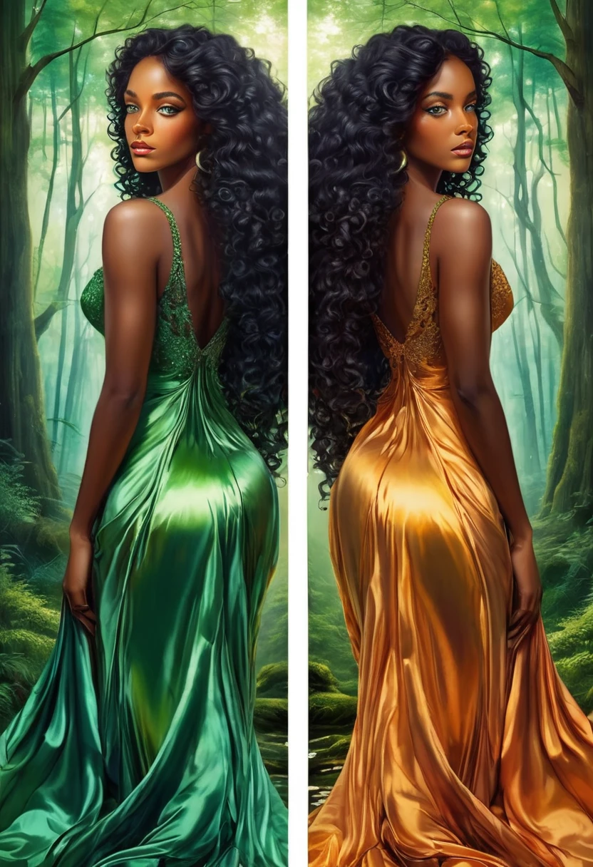 2 images, the main image is a character, a black woman with curly long hair and bright green eyes, she is wearing a long vibrant silk dress, she is staring at her reflection in a mirror, the background is a forest, the atmosphere is opposite to the main character, the reflection in the mirror is wearing a different silk dress and gives off a different mood, vibrant colors, surrealism.