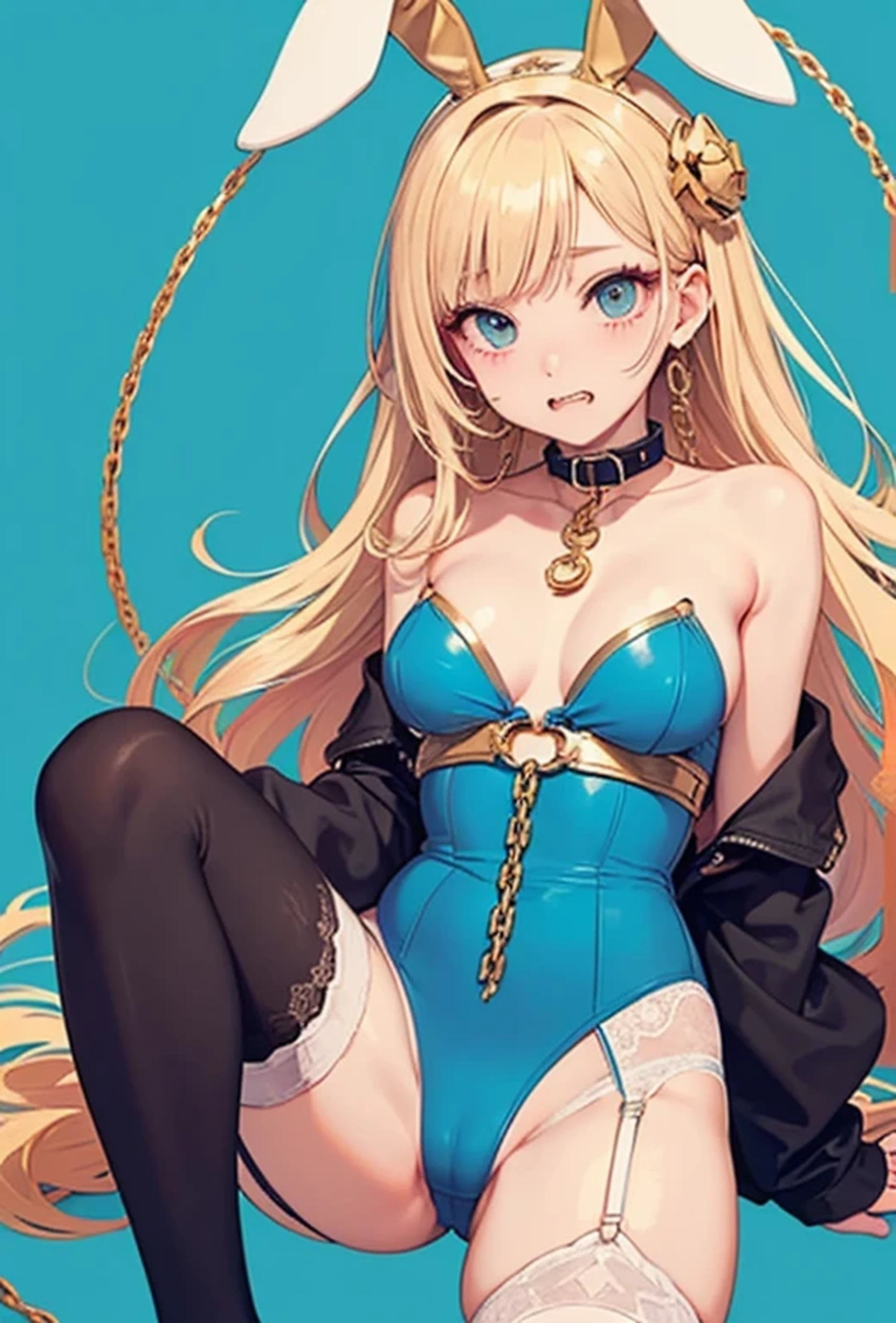 (Super detailed、Ultra-high resolution、Detailed Background)、((Flat Color))、((colorful))、Multicolored lighting、((浮かぶcolorfulな水))、Blue background、
Bound Queen、Random Pause、(Golden chains on body、Golden chain collar、handcuffs)、Random Sexy Poses
(Long Hair、Blonde Hair、hair ornaments、Big Breasts)、(Bunny Suit、choker、Knee-high stockings、garter belt、White biting panties)、cameltoe、TWICE's Tzuyu' on pause、Beautiful blue eyes、Beautiful lips、(A rich expression、fun)