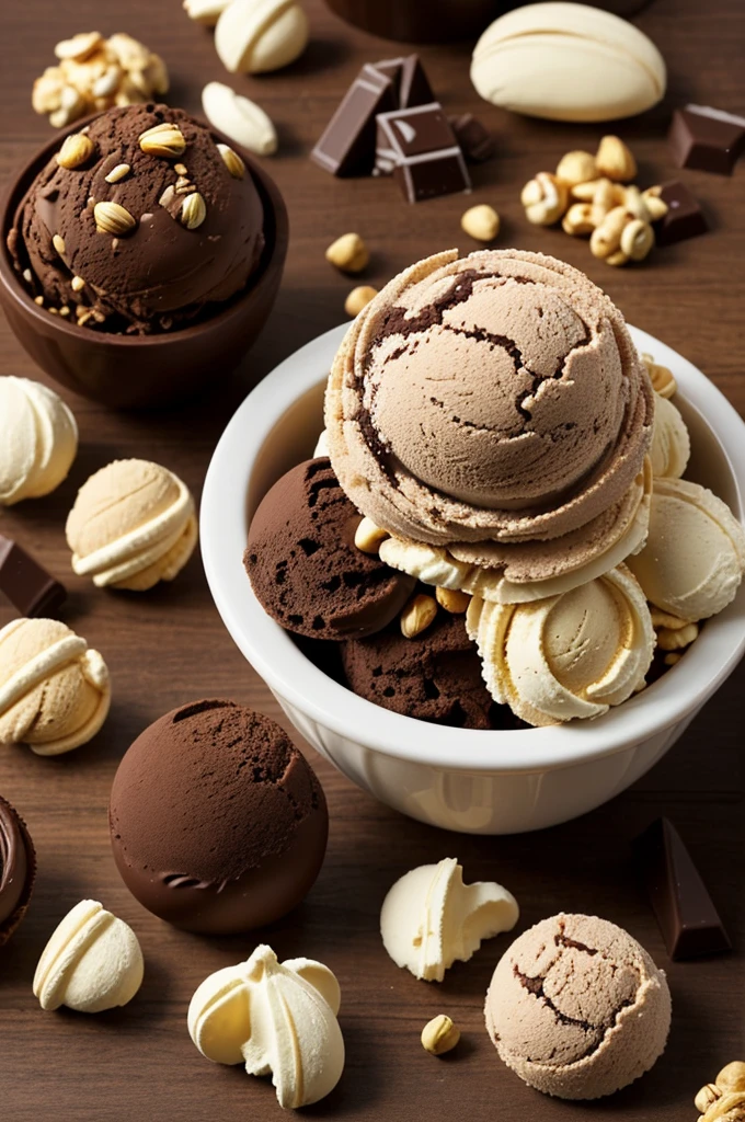 create advertising image, In the background of the image the best and most provocative colors that generate high interest in candy consumption,.In the foreground an image of Zoek brand crunchy chocolate ice cream, To the left of the image place pieces of delicious chocolate, and to the right of the image peanut kernels