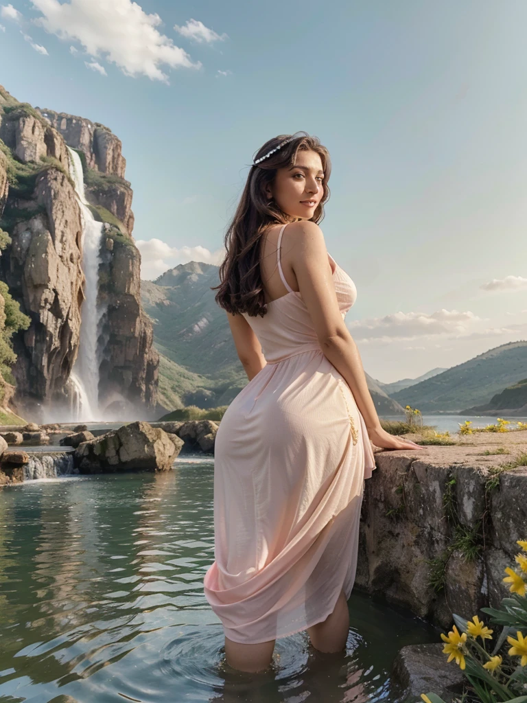 Arab dress, yellow dress, short dress (white), crocodile near the mountain, water near the grass, waterfall nearby, light green, bright flowers, red sky, wearing suit (white), lips (pink) Escasamente vestido, beautiful face Hermosa big hips shine in the sky, oval curves sonrisa seductora Retrato Gabriella Lin Rojo red-orange dress