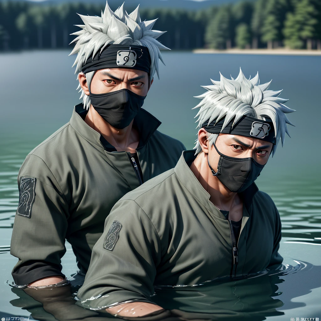 Kakashi Hatake, (in a lake), masterpiece, best quality, ultra quality, absurd details, best light, best shadow, sharp, sharp picture, detailed face, detailed eyes, detailed hair, detailed, extremely detailed, great resolution, 8k, 4k, uhd, ray tracing, beautiful effects, image of (full body)