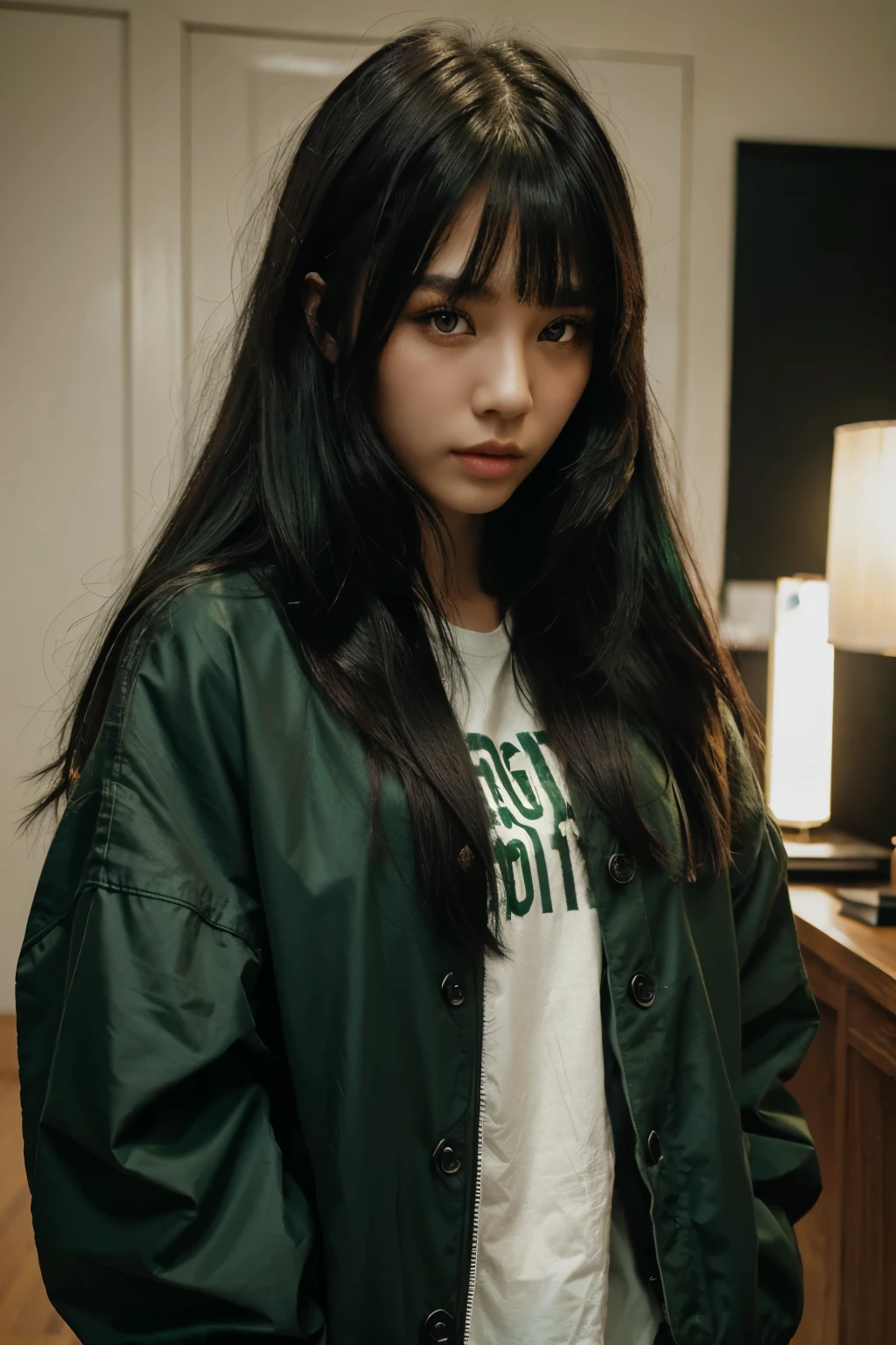 a girl with long wolf cut hairstyle, green and black hair, looking forward, beautiful face, masterpiece, best quality, wearing oversized jacket clothing, korean girl, green eyes, masterpiece, portrait.