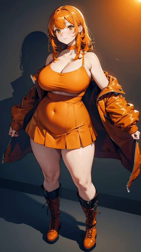 Best quality, Ultra-high resolution, ((orange color:1.3)), 1 girl, Beautiful woman, plump big breasts, Off-the-shoulder knit, Jacket, mini skirt, boots, Casual, orange colors((Very large breasts)),((Grooves reveal original skin))
