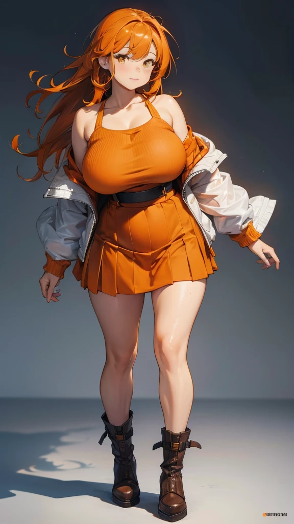 Best quality, Ultra-high resolution, ((orange color:1.3)), 1 girl, Beautiful woman, plump big breasts, Off-the-shoulder knit, Jacket, mini skirt, boots, Casual, orange colors((Very large breasts)),((Grooves reveal original skin))