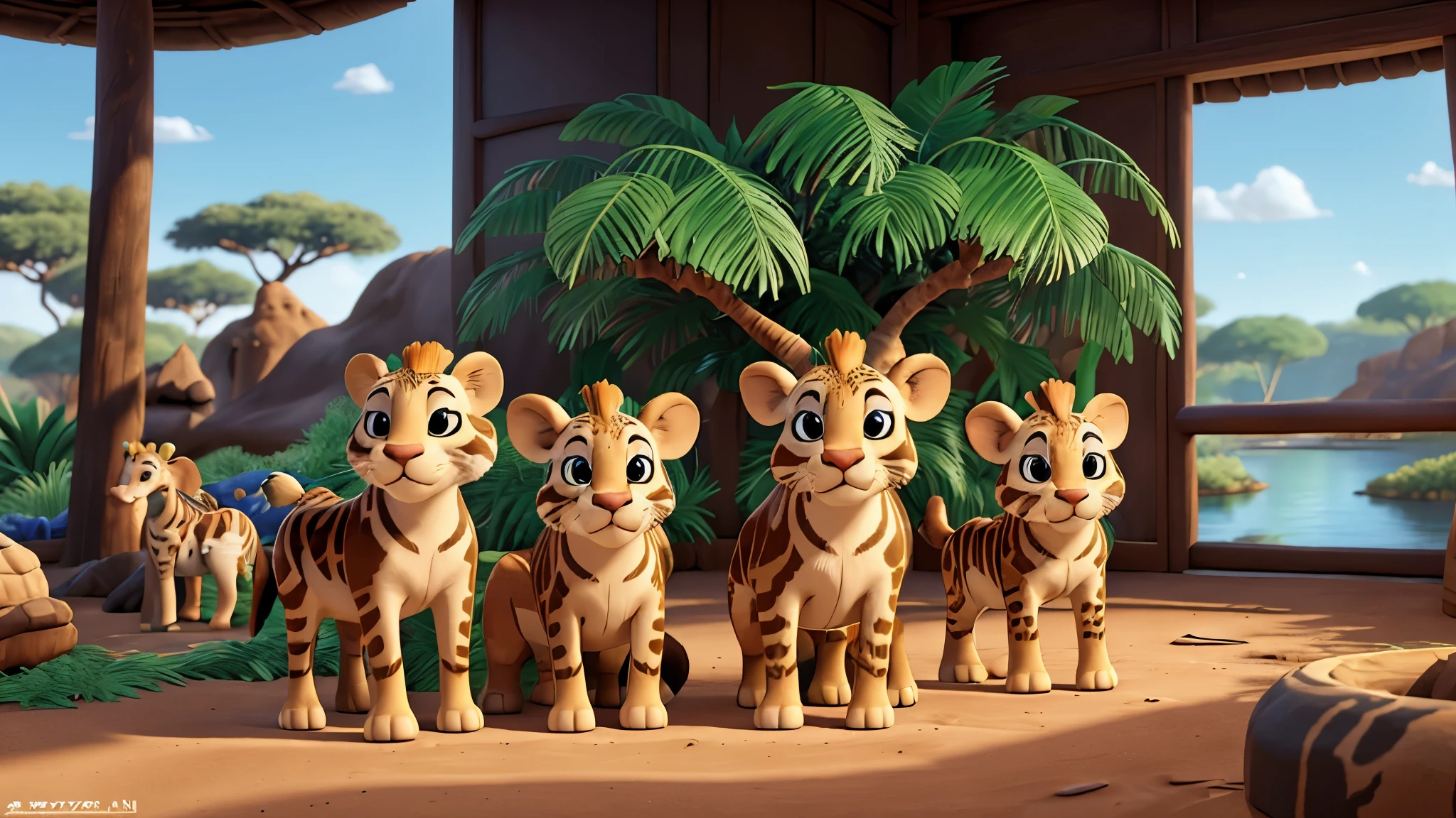 3d animal paradise, disney-style design, highly detailed wildlife, beautiful african safari animals, elephants, giraffes, zebras, photorealistic 8k, ultra-detailed, hyper-realistic, cinematic lighting, dramatic colors, vibrant, stunning, award-winning digital art, focus animals, detailed face.