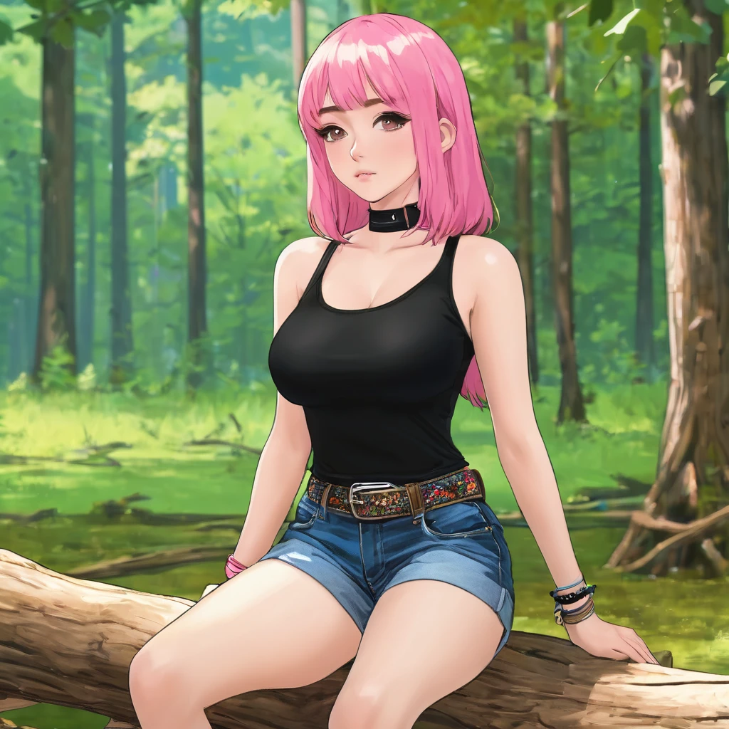 (((highest quallity))), 1 girl, alone, sitting on a log, at a forest, nblurry background, choker, bracelete, aretes, perfect hands, shorts jeans, black t-shirt tucked into shorts, waist belt, no censure, looking at the spectator,(((medium breasts: 1.2))), long pink hair