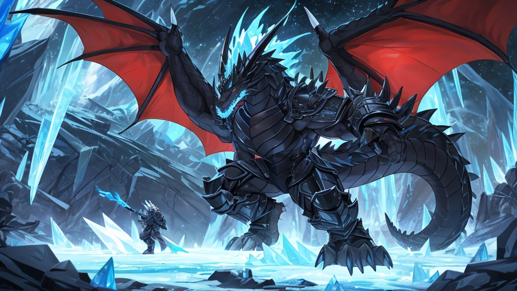 (The tyrannical and powerful Black Dragon King，Modern black and gold armor：2)，(Large dragon body，Huge size，Majestic wingspan，Sharp thorns，Huge dragon claw，Huge paws，Thick dragon tail，The huge black dragon king，Black dragon：2)，Strong physique，(Blue ice flame：2)，Brutal Behemoth，war，glacier，Ice Dragon，Overwhelming presence，Full body picture，Very detailed，4k HD，HD Wallpapers