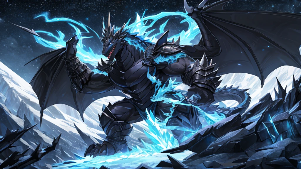 (The tyrannical and powerful Black Dragon King,Modern black and gold armor:2),(Large dragon body,Huge size,Majestic wingspan,Sharp thorns,Huge dragon claw,Huge paws,Thick dragon tail,The huge black dragon king,Black dragon:2),Strong physique,(Blue ice flame:2),Brutal Behemoth,war,glacier,Ice Dragon,Overwhelming presence,Full body picture,Very detailed,4k HD,HD Wallpapers