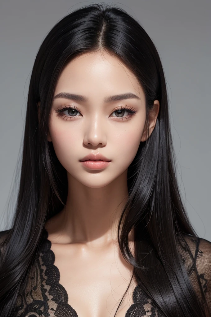 Go minsi, ((jaw-dropping beauty, perfect face, nose large, straight and slightly raised, big lips like black womans.)) black hair