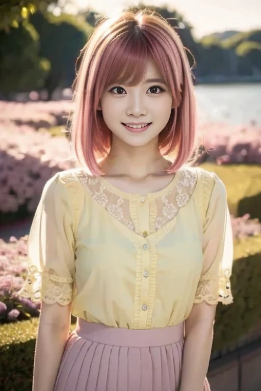 (8k, photorealistic, top quality, super high resolution, masterpiece, raw photo, bright lighting, face light, smooth professional lighting, Japan girl, super cute, realistic skin, moisturized skin, perfect model body shape, carefully balanced, bright laugh showing teeth, nice laugh, childish face, small breasts, camera gaze, big eyes, symmetrical eyes), bright pink hair, bright pink short hair, yellow knitted blouse, skirt, flower bed with sea view