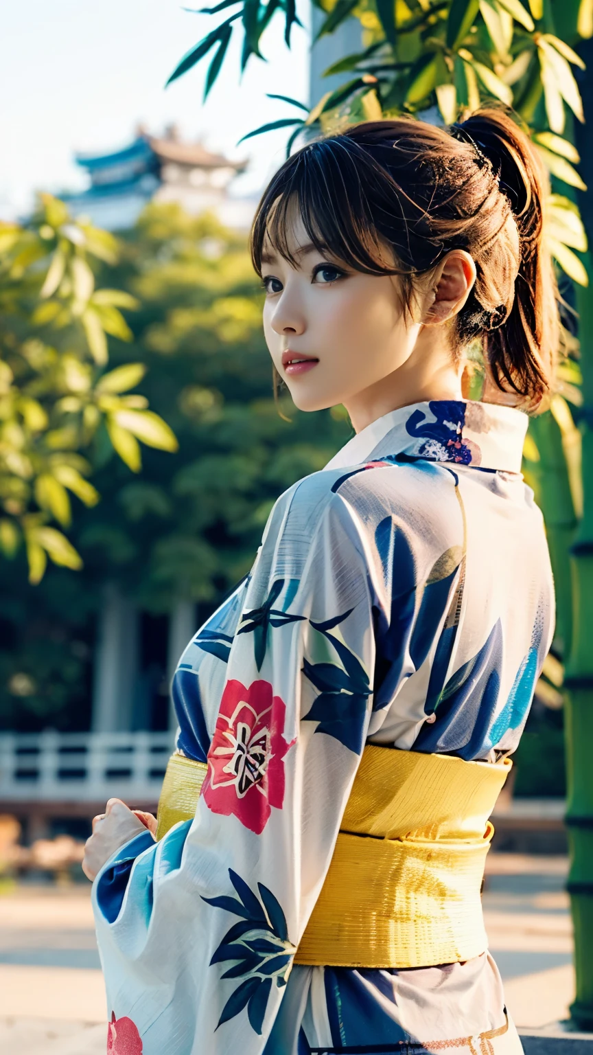 (((Carefully drawn with perfect anatomy))),(((The yukata is carefully drawn without any missing parts, from the collar to the sleeves and hem.:1.6))),Yukata photo shoot at the Tanabata festival at a large shrine,The collar of the yukata has been pushed back, revealing the white, sweaty nape of the neck.,Warm interior lighting,(((Like a watercolor painting))),(((The bamboo in the grounds of the large shrine is beautiful, with many strips of paper of various colors with wishes written on them hanging from strings.:1.6))),(((Shiho is picking up a tanzaku and reading it.))),Sweaty neck,((A refreshing figure standing with a fan open and fanning herself)),A low-angle back-pan 4K full-body shot of a woman standing with her mouth corners raised and in a refined manner, with the background in the background, taken from a distance,(((She looks very cute with her beautiful chestnut-colored bangs pulled back in a ponytail that reveals her entire forehead.:1.6))),One girl,Dignified profile,Chestnut brown eyes that even capture the reflected light,Cute hair accessories,Elegant posture and movement with knees together,Inner thighs,The black-toned yukata with watercolor hydrangea pattern and simple sheer lamé wrinkled heko obi (belt) look great on the body.,Bare feet and sandals,((Red lips)),compensate,Tassel,eye shadow,(Realisticなphoto),Enhance nighttime scenery with the best light and shadow contrast,Main Character,Very high depth of field,soft delicate beautiful attractive 顔,(Tabletop,high quality,最high quality),(Delicate eyes and face),Ray Tracing,CG Unity 4k Wallpaper,One person,超A high resolution,Realistic:1.4),Attention to detail,Beauty condensed in 1girl,Beautiful brown hair,繊細でHigh noseを持つ美しい顔,Model-like long limbs and a tight waist,Boasting beautiful F-cup breasts,High nose,Clear chestnut eyes,Glossy lips,(((Expressing exceptionally beautiful women in photos))),