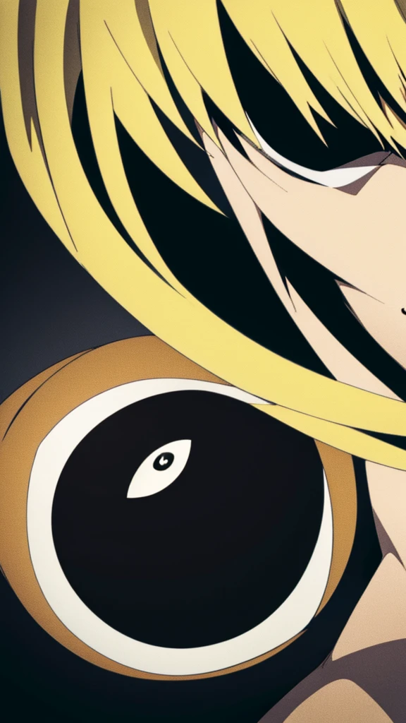 one eye close up,blonde,black sclera.black eye