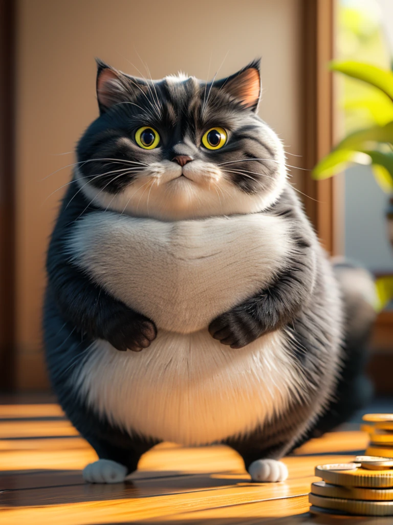 best quality, ultra high resolution, official wallpaper, (Photorealistic:1.4),(smile:0.6), looking at viewer,Wallpaper Extremely detailed 8k unity CG screen,masterpiece,high quality,(cute fat black cat),with belly(coin money background)