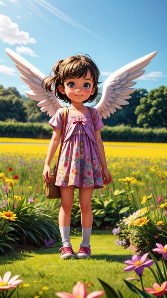Cute angel playing with animals、Flower Field