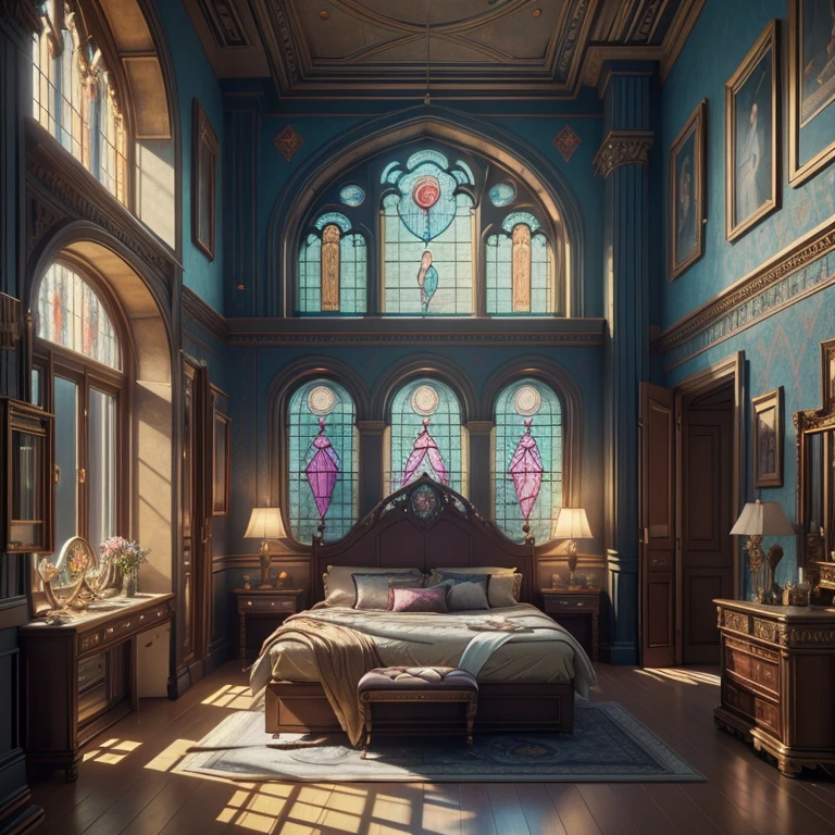 (((Generate an ornate bedroom in the style of Versailles with a big historical window.))) A hyperrealistic cyberpunk dreamscape cityscape is in the window. The cityscape is extremely detailed with many lights and LED neon colors and buildings of many different sizes. The cityscape has all colors of the rainbow and has hires interesting flying steampunk dirigibles. ((The cityscape is colorful.)) A giant steampunk standalone clock is seen ((through the window)). It is peaceful in the bedroom. The entire artwork is very realistic with many small details and enhancements. 3D render beeple, artstation and beeple highly, in fantasy sci-fi city, inspired by beeple, 8k, unreal engine unity CGI. Masterpiece and popular. Add many fantastical and beautiful details and nuances. (stained glass)