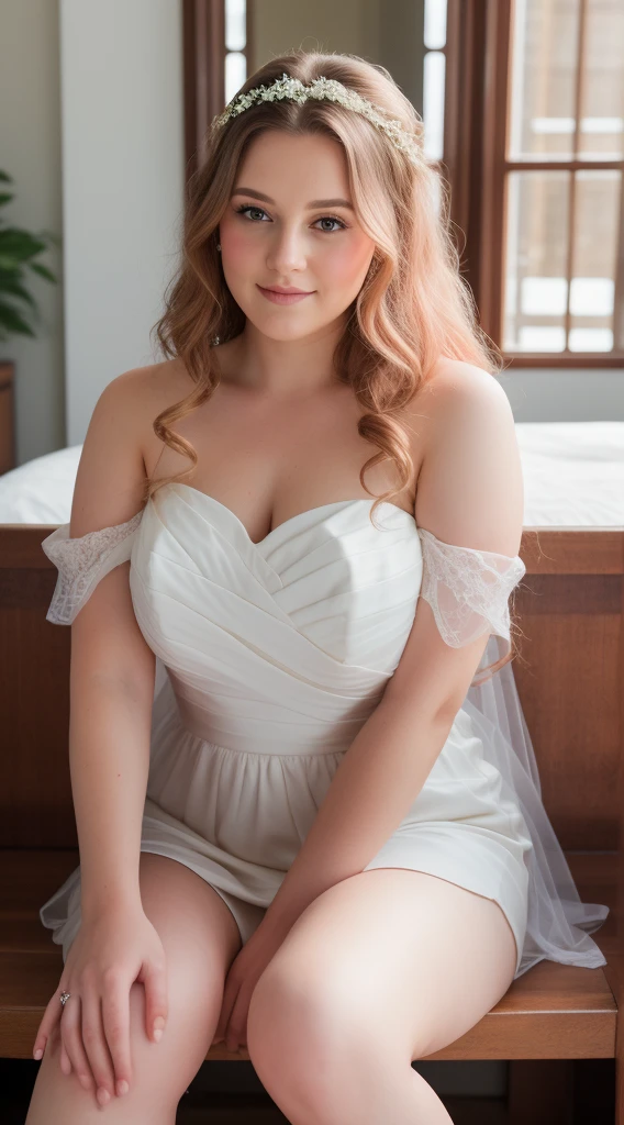 Melody Marks, Intimate, face blush, red blushy cheeks, long wavy hair, feeling excited, beautiful thighs, in love, wearing wedding dress, in the bedroom
