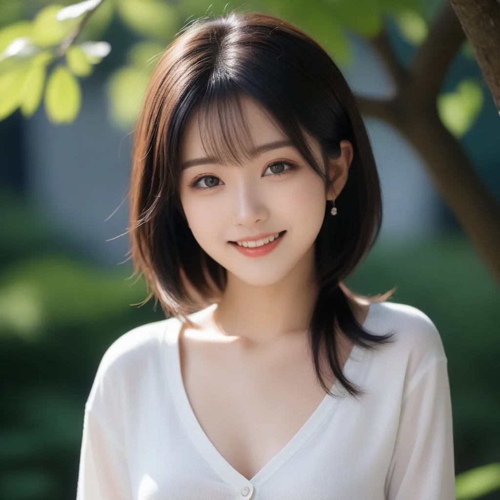 8K, Ultra-high resolution, Highest quality, masterpiece, 三分割法によるphotograph,Surreal, photograph, 1 Girl, (:1.3), pretty girl, Cute face, Beautiful eyes in every detail, 細かくdetailedに,masterpiece,, One Girl:1.2, Japan Female Announcer,FACE CLOSE UP,Outdoor,street tree,White blouse,The chest buttons are open,Refreshing sweat,Full of sex appeal,Sensual,A carefree smile,Heal the heart,Black Hair,Short Bob,Looking at the audience、beauty,Long neck、Laugh a little、Please close your mouth and laugh、(((Ideal body type))),A cup small breasts :2,、Portraiture:2、Perfect Anatomy、鮮明なdetailed、detailed、Surreal、Light and shadow,Strong light