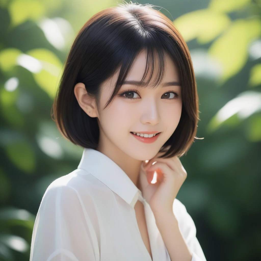 8K, Ultra-high resolution, Highest quality, masterpiece, 三分割法によるphotograph,Surreal, photograph, 1 Girl, (16 years old:1.3), pretty girl, Cute face, Beautiful eyes in every detail, 細かくdetailedに,masterpiece,, One Girl:1.2, Japan Female Announcer,FACE CLOSE UP,Outdoor,street tree,White blouse,The chest buttons are open,Refreshing sweat,Full of sex appeal,Sensual,A carefree smile,Heal the heart,Black Hair,Short Bob,Looking at the audience、beauty,Long neck、Laugh a little、Please close your mouth and laugh、(((Ideal body type))),A cup small breasts :2,、Portraiture:2、Perfect Anatomy、鮮明なdetailed、detailed、Surreal、Light and shadow,Strong light