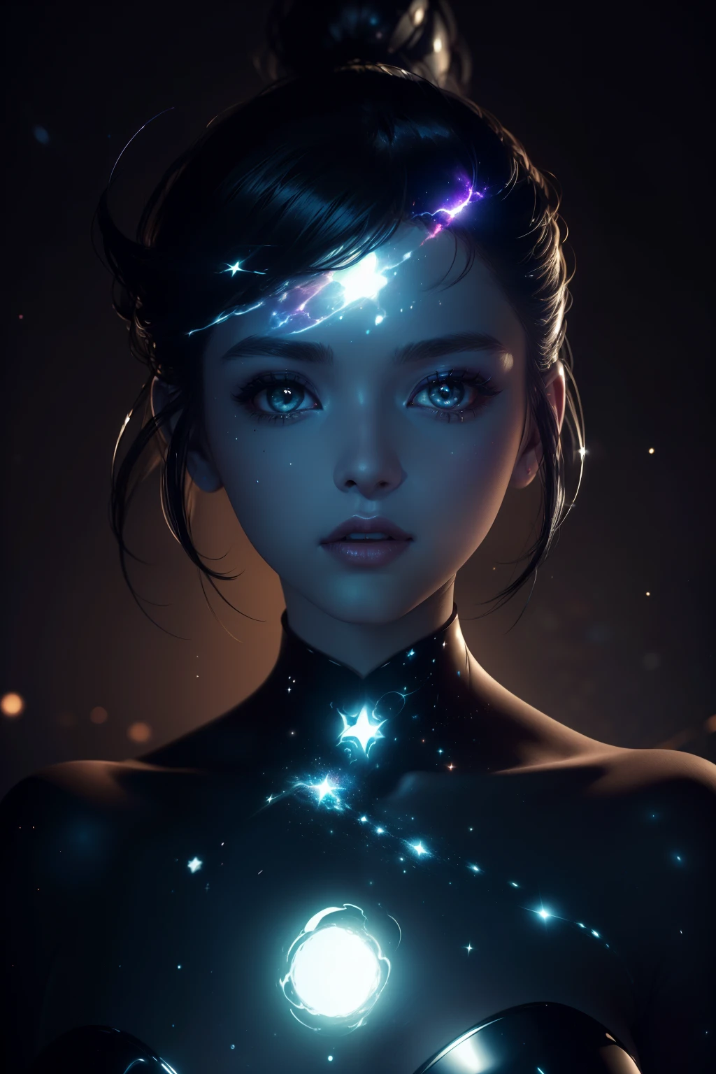 ((This is a dark masterpiece with deep shadows.)) Generate a dark feminine divine being with ((pure black Galaxy skin)). of her face is onyx black but still detailed and stunning. (of her face is important and has realistic shading and puffy lips). of her (opaque) the eyes are luminous and sparkling in shades of purple and blue. This image is eye-catching with dynamic composition and energetic poses. Include lots of costume details, like protrusions, ghostly iridescence, sheen, Galaxy, kosmos, ((dark heavenly skin body, empty cosmic body)), (((darkness background))), (((lights off))), (((dark hollywood))), horor, dramatic shadows, (in a dark fantasy space:1.3, sheen, Glow Up, Glow Up)
