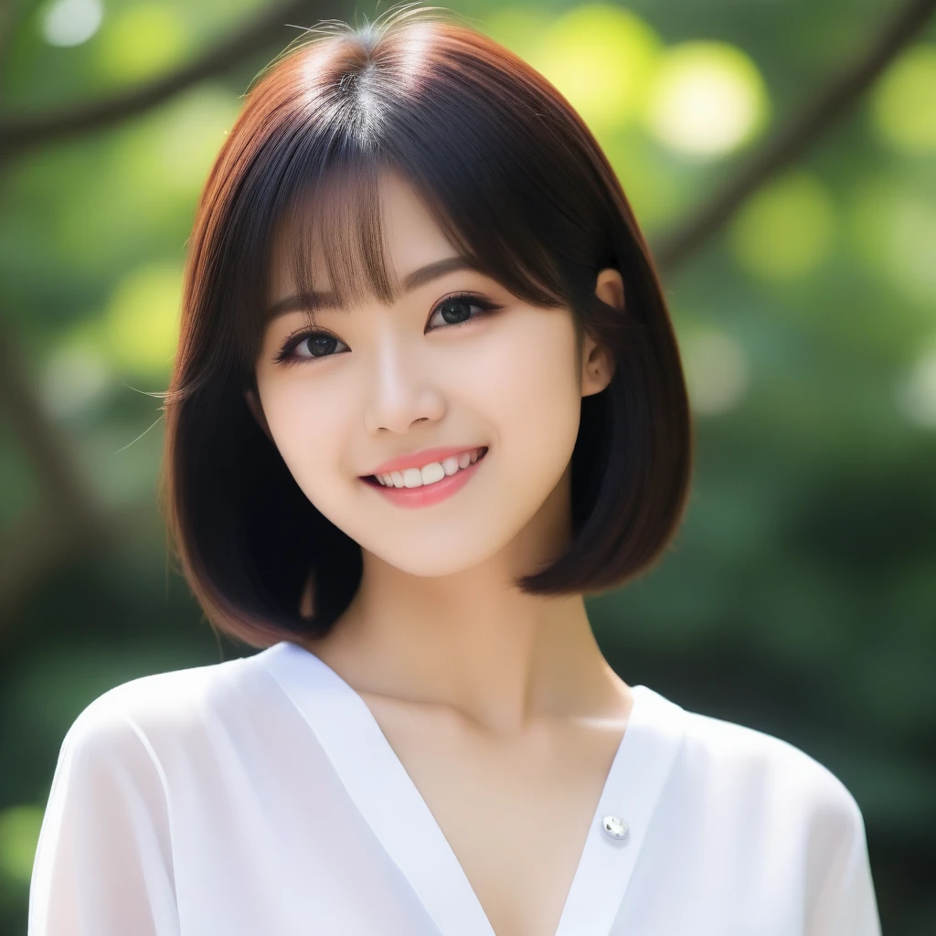 8K, Ultra-high resolution, Highest quality, masterpiece, 三分割法によるphotograph,Surreal, photograph, 1 Girl, (16 years old:1.3), pretty girl, Cute face, Beautiful eyes in every detail, 細かくdetailedに,masterpiece,, One Girl:1.2, Japan Female Announcer,FACE CLOSE UP,Outdoor,street tree,White blouse,The chest buttons are open,Refreshing sweat,Full of sex appeal,Sensual,A carefree smile,Heal the heart,Black Hair,Short Bob,Looking at the audience、beauty,Long neck、Laugh a little、Please close your mouth and laugh、(((Ideal body type))),A cup small breasts :2,、Portraiture:2、Perfect Anatomy、鮮明なdetailed、detailed、Surreal、Light and shadow,Strong light