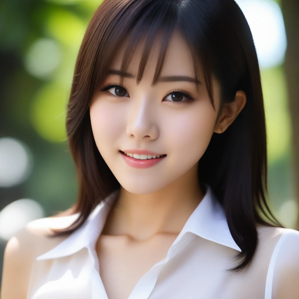 8K, Ultra-high resolution, Highest quality, masterpiece, 三分割法によるphotograph,Surreal, photograph, 1 Girl, (:1.3), pretty girl, Cute face, Beautiful eyes in every detail, 細かくdetailedに,masterpiece,, One Girl:1.2, Japan Female Announcer,FACE CLOSE UP,Outdoor,street tree,White blouse,The chest buttons are open,Refreshing sweat,Full of sex appeal,Sensual,A carefree smile,Heal the heart,Black Hair,Short Bob,Looking at the audience、beauty,Long neck、Laugh a little、Please close your mouth and laugh、(((Ideal body type))),A cup small breasts :2,、Portraiture:2、Perfect Anatomy、鮮明なdetailed、detailed、Surreal、Light and shadow,Strong light